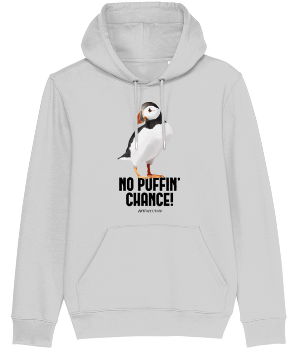 ‘NO PUFFIN CHANCE’ Classic Grey Marl Hoodie. Unisex/Men/Women. Certified GOTS Organic Cotton. Printed UK with water-based Inks. Sustainable Eco-friendly Clothing. Original Painted Illustration by Artfully/Wild.
