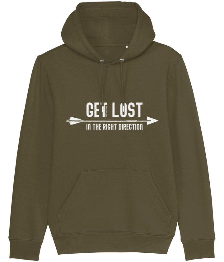 'GET LOST IN THE RIGHT DIRECTION' British Khaki Classic Hoodie. Unisex/Men/Women. Certified GOTS Organic Cotton. White Print with water-based Inks. Sustainable Eco-friendly Clothing by Artfully/Wild.