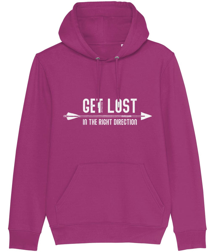 'GET LOST IN THE RIGHT DIRECTION' Orchid Purple Classic Hoodie. Unisex/Men/Women. Certified GOTS Organic Cotton. White Print with water-based Inks. Sustainable Eco-friendly Clothing by Artfully/Wild.