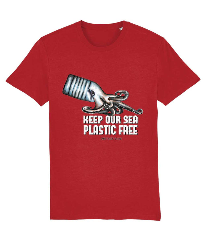 'OCTOPUS BOTTLE – KEEP OUR SEA PLASTIC FREE' Print on Bright Red Organic T-Shirt. Unisex/Women/Men. Sustainable Clothing. Original Illustration by Artfully/Wild for Ocean Lovers