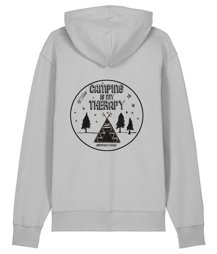 ‘CAMPING IS MY THERAPY’ Grey Marl Hoodie. Unisex/Men/Women. Made with Certified GOTS Organic Cotton. Printed in UK with water-based Inks. Sustainable Eco-friendly Clothing. Original Illustration by Artfully/Wild.