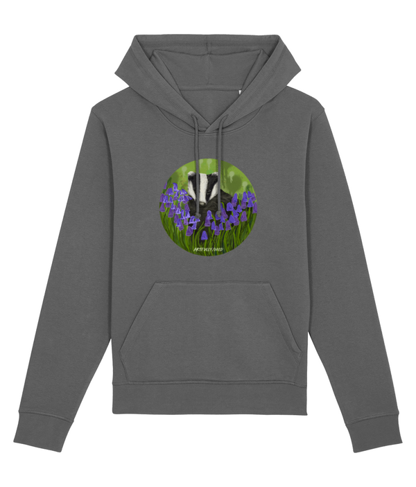 BADGER IN BLUEBELLS illustrated print on Dark Grey organic Hoodie. Unisex/Women/Men British Wildlife Collection designed by Artfully/Wild UK