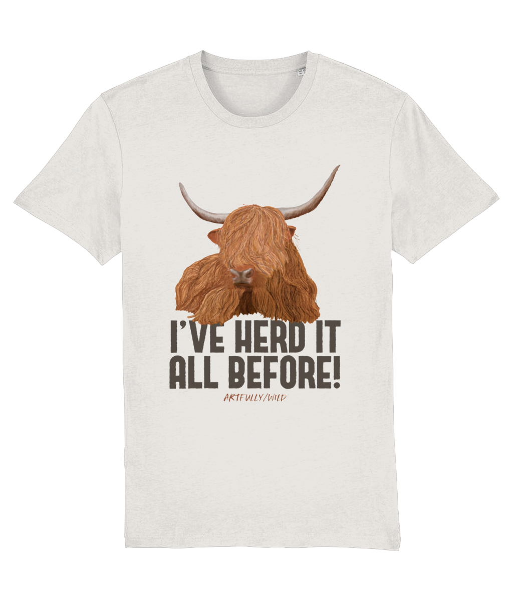 'HERD IT' HIGHLAND COW Print on Vintage White T-Shirt. Unisex/Women/Men. Sustainable Organic Cotton Clothing. Original Illustration by Artfully/Wild. Printed with water-based inks in the UK for wildlife lovers.