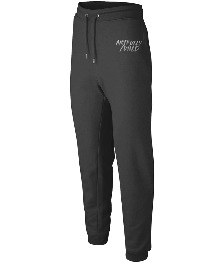Artfully/Wild Black Organic / Recycled Jogger Pants. Certified organic cotton. Silver grey embroidered logo.