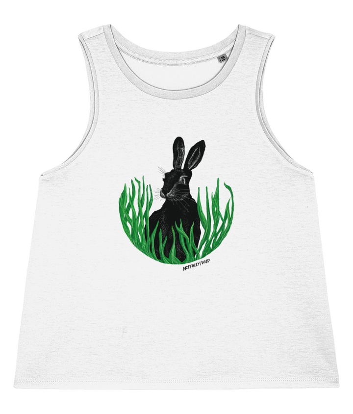 ‘HARE IN THE GRASS’ Women’s White Dancer Tank Top Vest Made with Sustainable Organic Cotton. British Wildlife Original Illustration by Artfully/Wild.