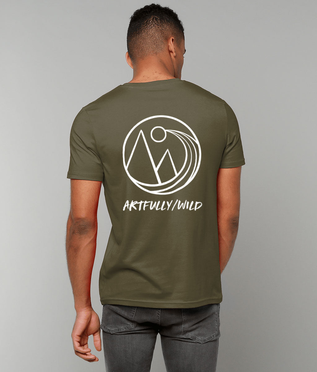Male model wearing ARTFULLY WILD Back Print on British Khaki Green Organic T-Shirt. Unisex/Women/Men. Nature-inspired Illustration Icon by Artfully/Wild UK.