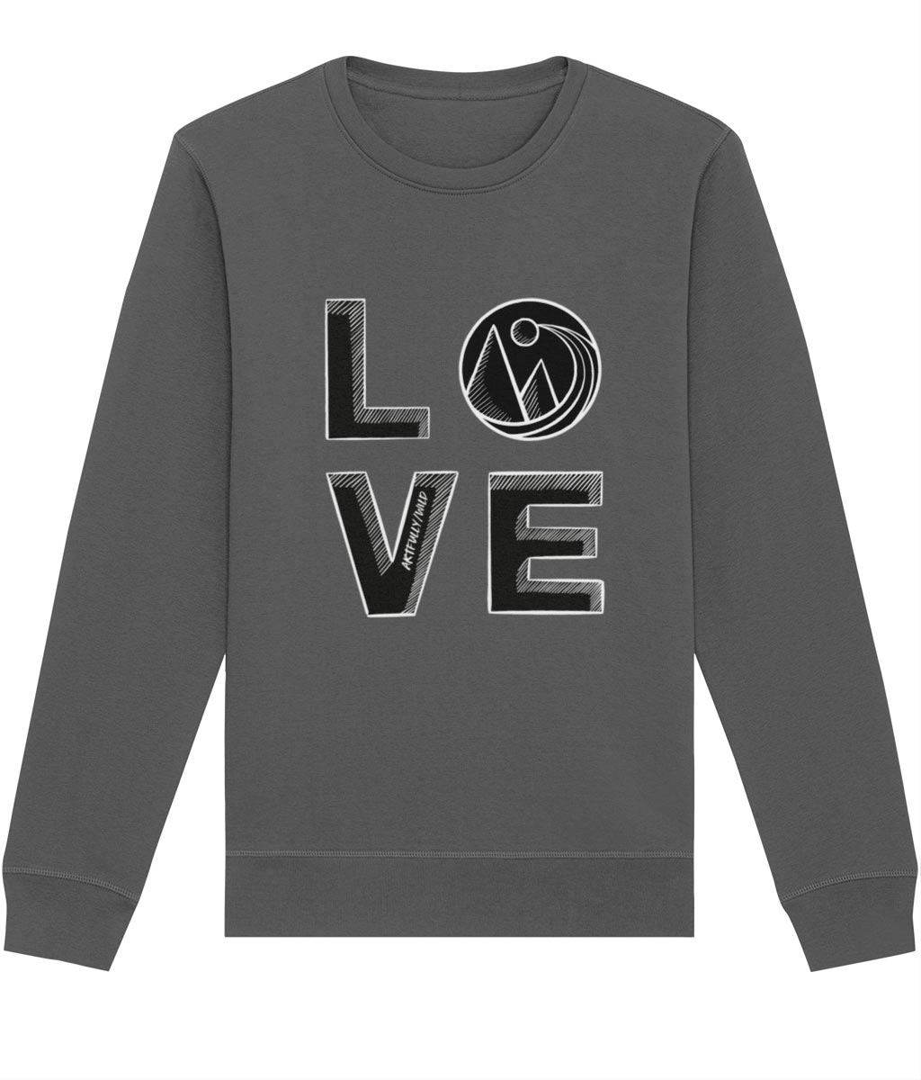 BIG LOVE Organic Dark Grey Crew Neck Sweatshirt. Eco-friendly Clothing. Unisex/Women/Men. Illustration Icon by Artfully/Wild UK.