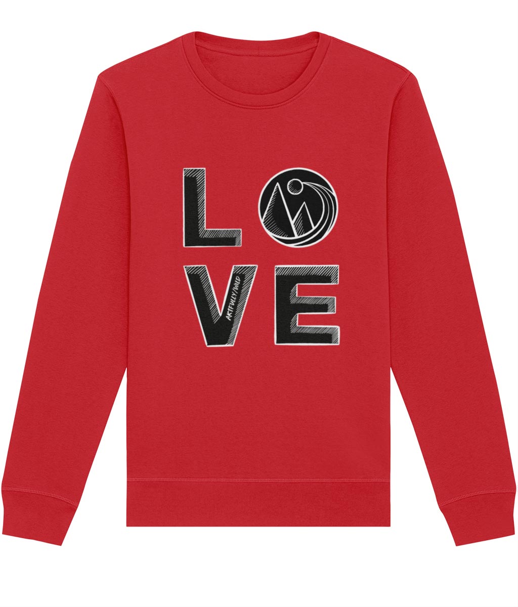 BIG LOVE Organic Red Crew Neck Sweatshirt. Eco-friendly Clothing. Unisex/Women/Men. Illustration Icon by Artfully/Wild UK.