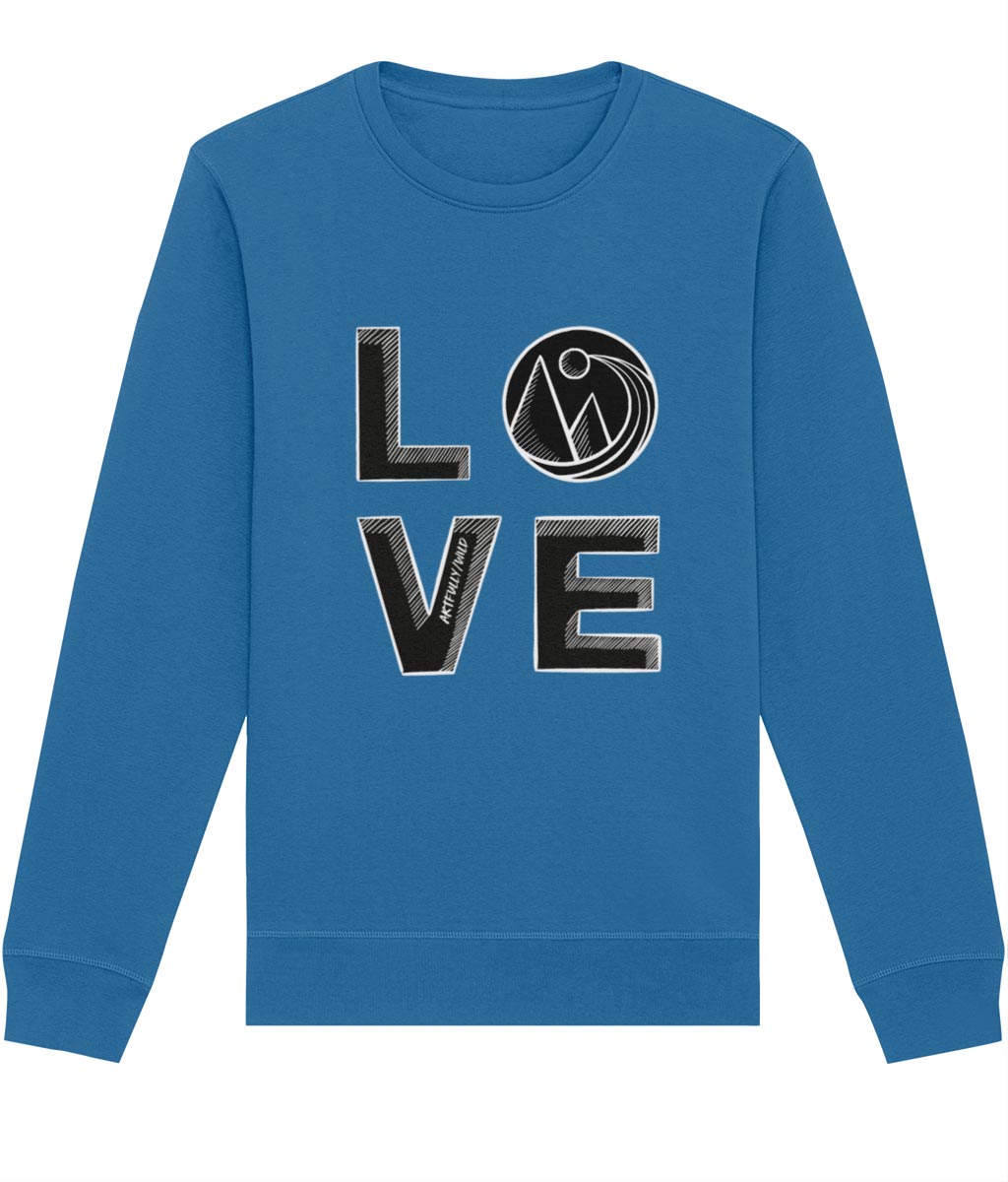 BIG LOVE Organic Royal Blue Crew Neck Sweatshirt. Eco-friendly Clothing. Unisex/Women/Men. Illustration Icon by Artfully/Wild UK.
