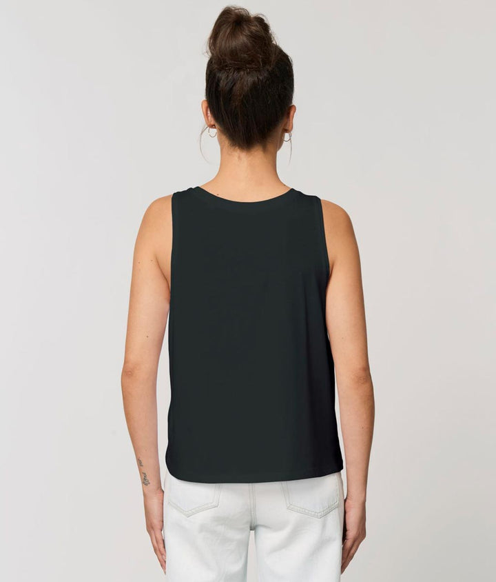 Back view of ‘I AM NOT AMOOSED’ Women’s Black Dancer Tank Top Vest. Made with Sustainable Organic Cotton by Artfully/Wild.