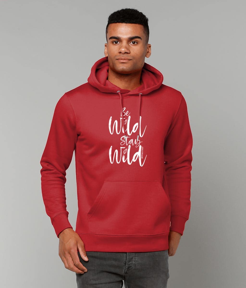 Man wearing ‘BE WILD STAY WILD’ Classic Bright Red Hoodie. Unisex/Men/Women. Made with Certified Organic Cotton. Printed in UK with water-based Inks. Sustainable Eco-friendly Clothing. Original Illustration by Artfully/Wild.