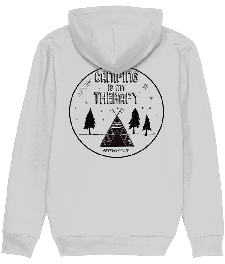 ‘CAMPING IS MY THERAPY’ Grey Marl Hoodie. Unisex/Men/Women. Made with Certified GOTS Organic Cotton. Printed in UK with water-based Inks. Sustainable Eco-friendly Clothing. Original Illustration by Artfully/Wild.