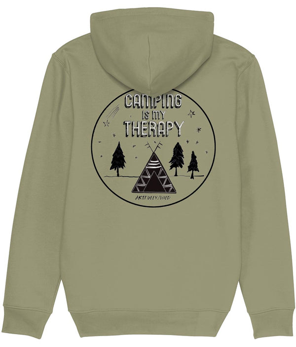 ‘CAMPING IS MY THERAPY’ Sage Green Hoodie. Unisex/Men/Women. Made with Certified GOTS Organic Cotton. Printed in UK with water-based Inks. Sustainable Eco-friendly Clothing. Original Illustration by Artfully/Wild.
