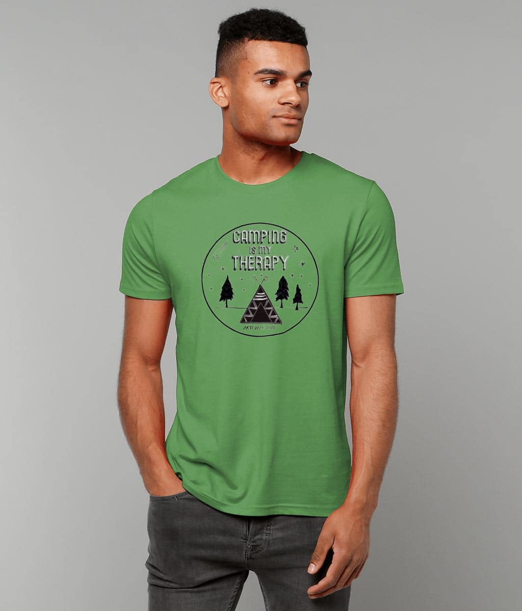 Male model wearing 'CAMPING IS MY THERAPY' Organic Unisex Green T-Shirt. Printed with eco-friendly water-based Inks. Original Design by Artfully Wild.