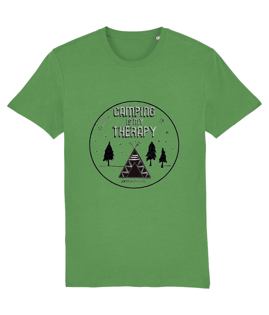 'CAMPING IS MY THERAPY' Organic Unisex Green T-Shirt. Printed with eco-friendly water-based Inks. Original Design by Artfully Wild.