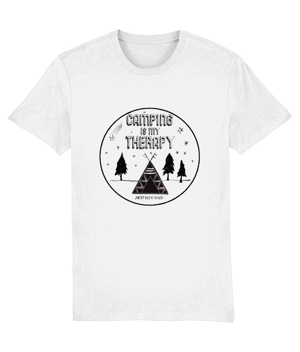 'CAMPING IS MY THERAPY' Organic Unisex White T-Shirt. Printed with eco-friendly water-based Inks. Original Design by Artfully Wild.
