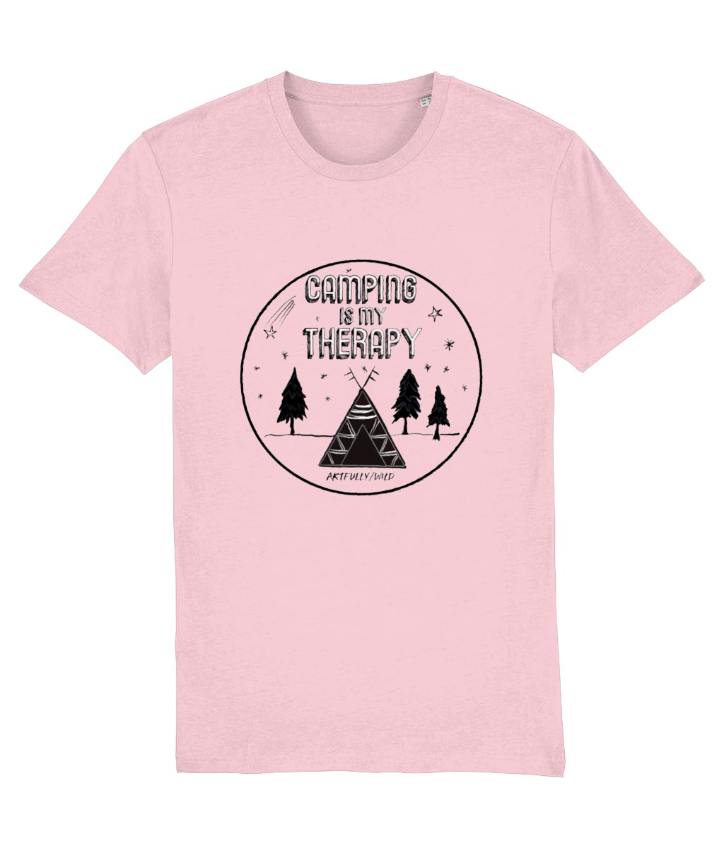 'CAMPING IS MY THERAPY' Organic Cotton Unisex Pink T-Shirt. Printed with eco-friendly water-based Inks. Original Design by Artfully Wild.