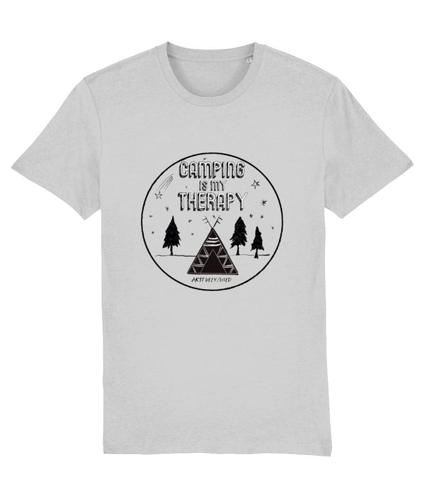 'CAMPING IS MY THERAPY' Organic Unisex Grey Marl T-Shirt. Printed with eco-friendly water-based Inks. Original Design by Artfully Wild.