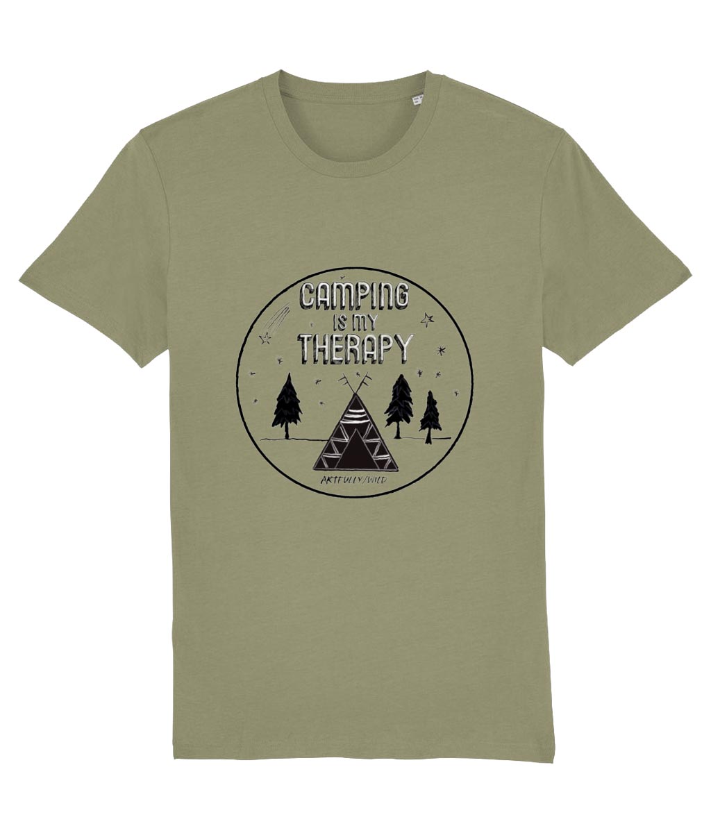 'CAMPING IS MY THERAPY' Organic Unisex Sage Green T-Shirt. Printed with eco-friendly water-based Inks. Original Design by Artfully Wild.