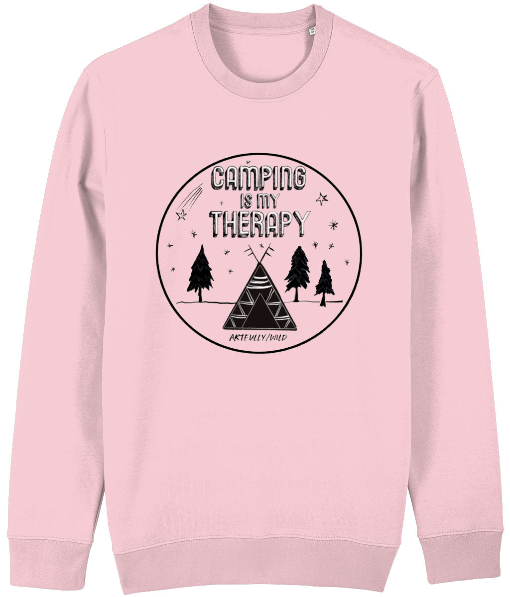 'CAMPING IS MY THERAPY' Organic Cotton Pink Unisex Crew Neck Sweatshirt. Printed with eco-friendly water-based Inks. Original Design by Artfully Wild.