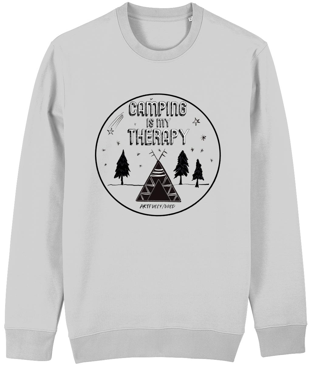 'CAMPING IS MY THERAPY' Organic Cotton Unisex Grey Marl Crew Neck Sweatshirt. Printed with eco-friendly water-based Inks. Original Design by Artfully Wild.