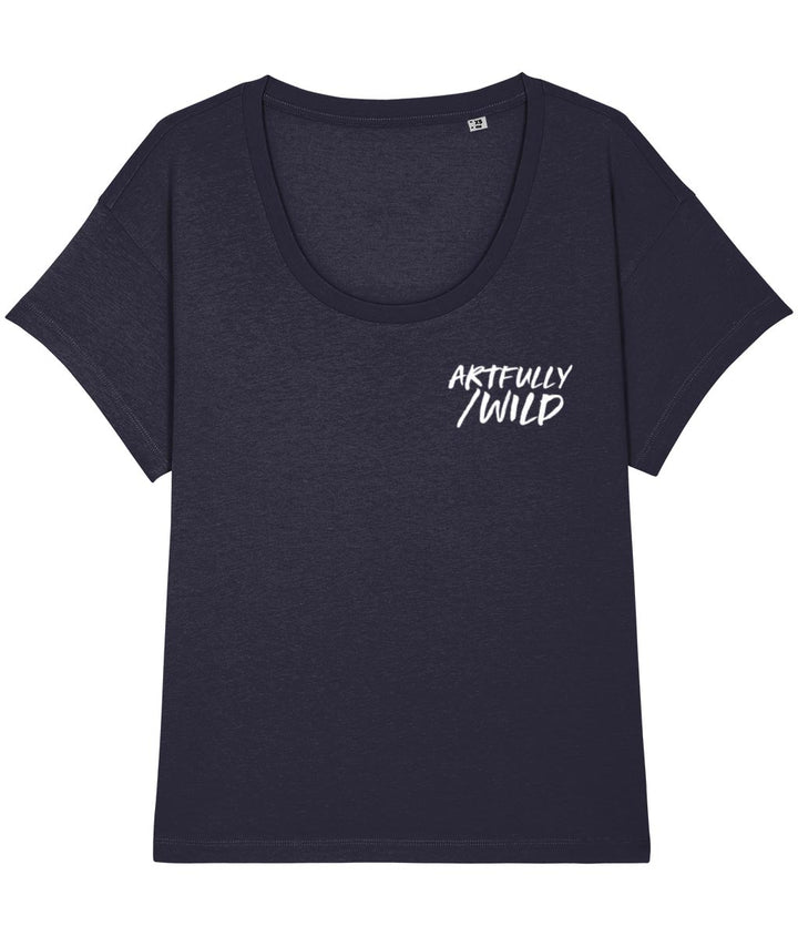 ‘ARTFULLY/WILD’ motif Women's Navy Chiller T-Shirt. Eco-friendly organic cotton. White slogan print with water-based inks.