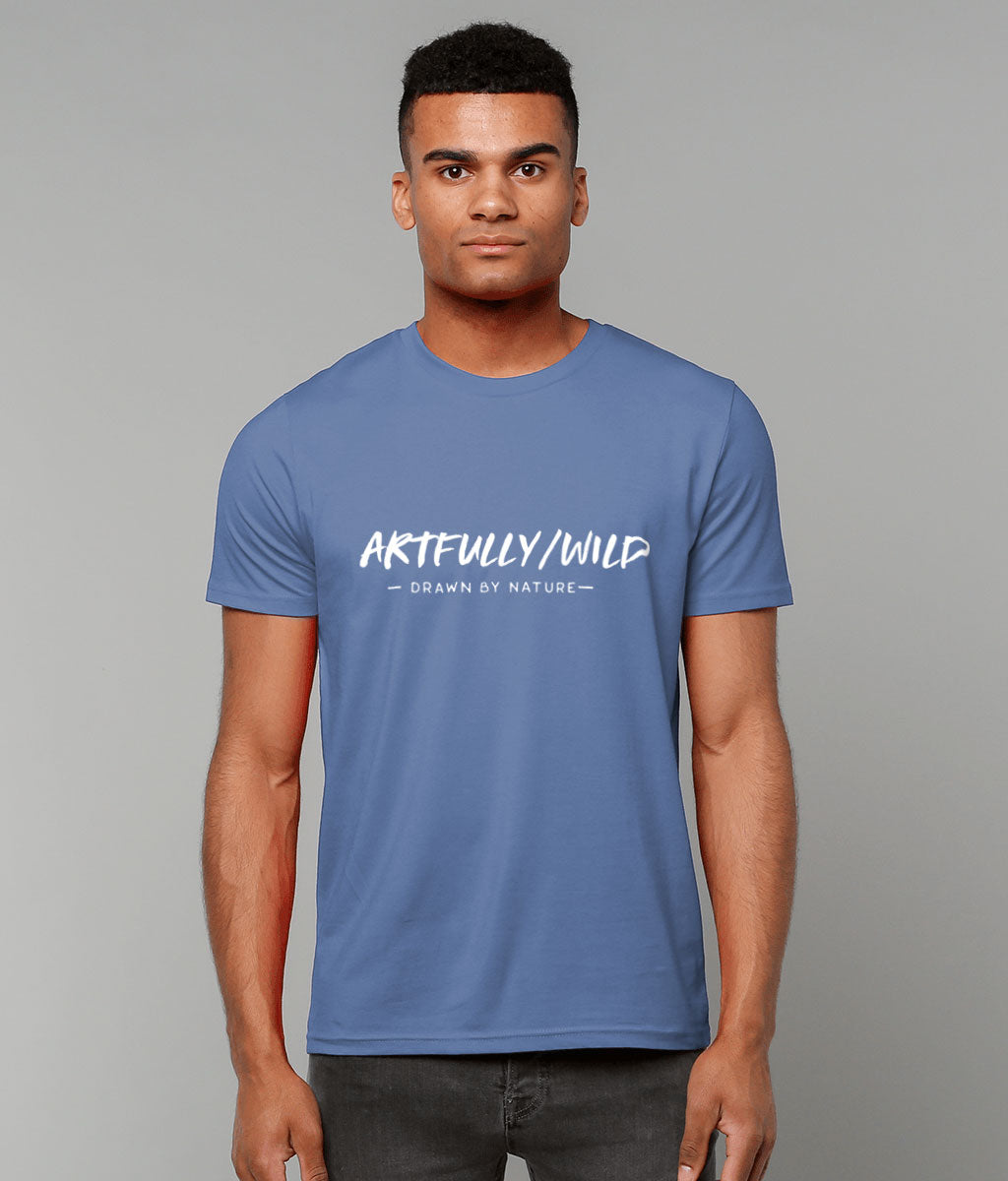 Male model wearing 'ARTFULLY WILD. DRAWN BY NATURE' Printed Organic Cotton Bright Blue T-Shirt. Unisex/Men/Women. Printed with eco-friendly water-based Inks. Ethical Clothing by Artfully/Wild.