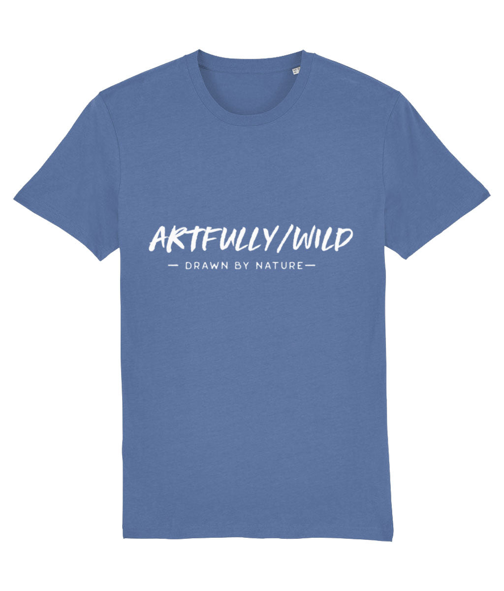 'ARTFULLY WILD. DRAWN BY NATURE' Printed Organic Cotton Bright Blue T-Shirt. Unisex/Men/Women. Printed with eco-friendly water-based Inks. Ethical Clothing by Artfully/Wild.