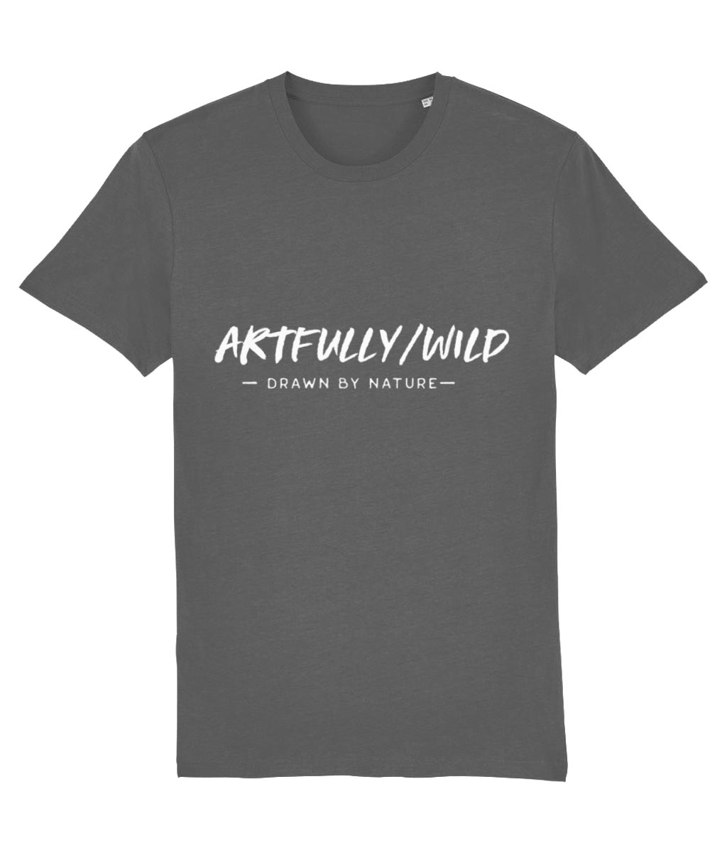 'ARTFULLY WILD. DRAWN BY NATURE' Printed Organic Cotton Dark Grey T-Shirt. Unisex/Men/Women. Printed with eco-friendly water-based Inks. Sustainable Clothing by Artfully/Wild.