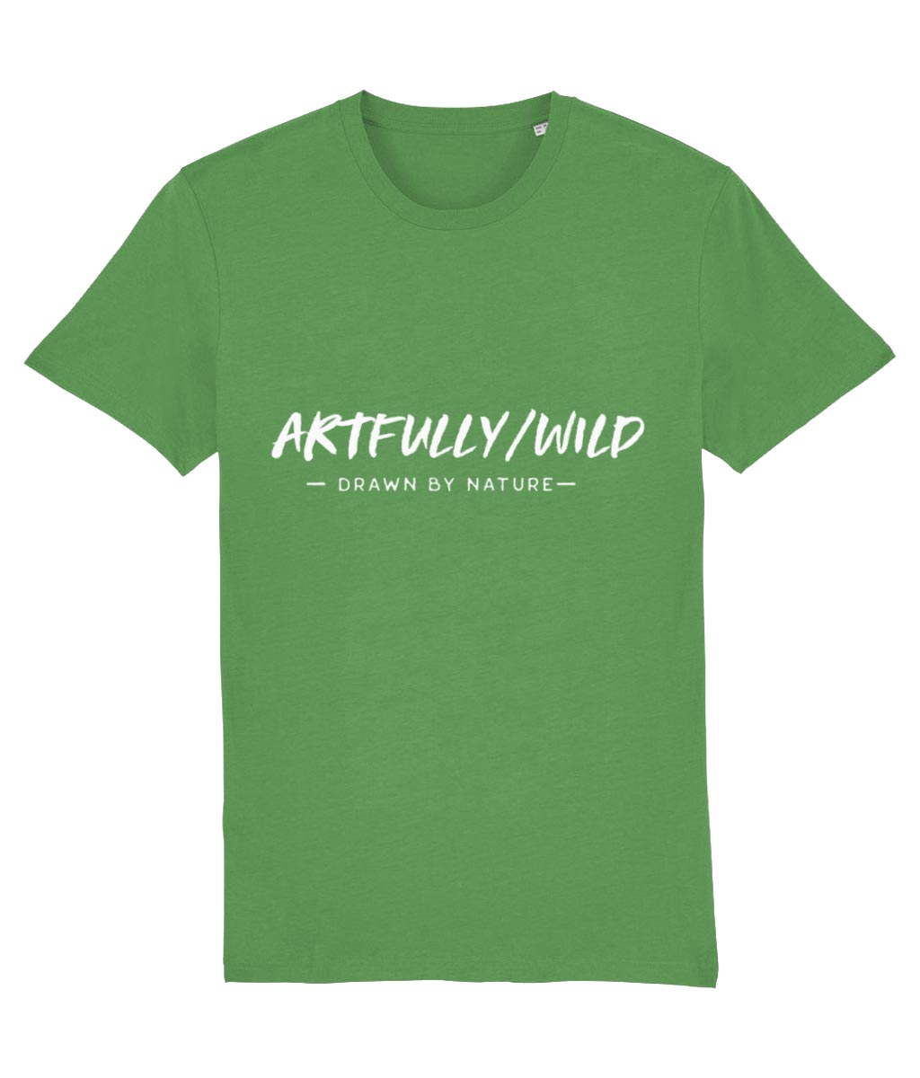 'ARTFULLY WILD. DRAWN BY NATURE' Printed Organic Cotton Bright Green T-Shirt. Unisex/Men/Women. Eco-friendly water-based Inks. Sustainable Clothing by Artfully/Wild.
