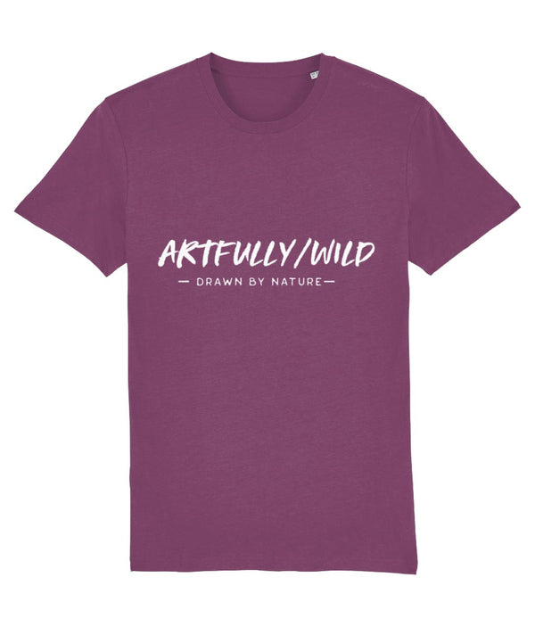 'ARTFULLY WILD. DRAWN BY NATURE' Organic Mauve T-Shirt. Unisex/Men/Women. Printed with eco-friendly water-based Inks. Sustainable Ethical Clothing by Artfully/Wild.