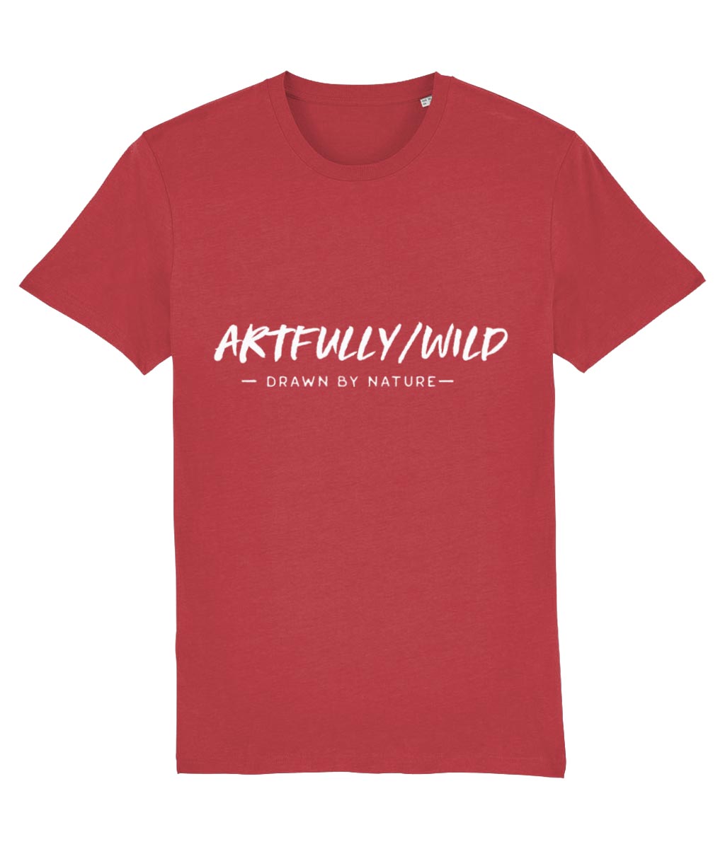 'ARTFULLY WILD. DRAWN BY NATURE' Organic Cotton Red T-Shirt. Unisex/Men/Women. Printed with eco-friendly water-based Inks. Sustainable Ethical Clothing by Artfully/Wild.