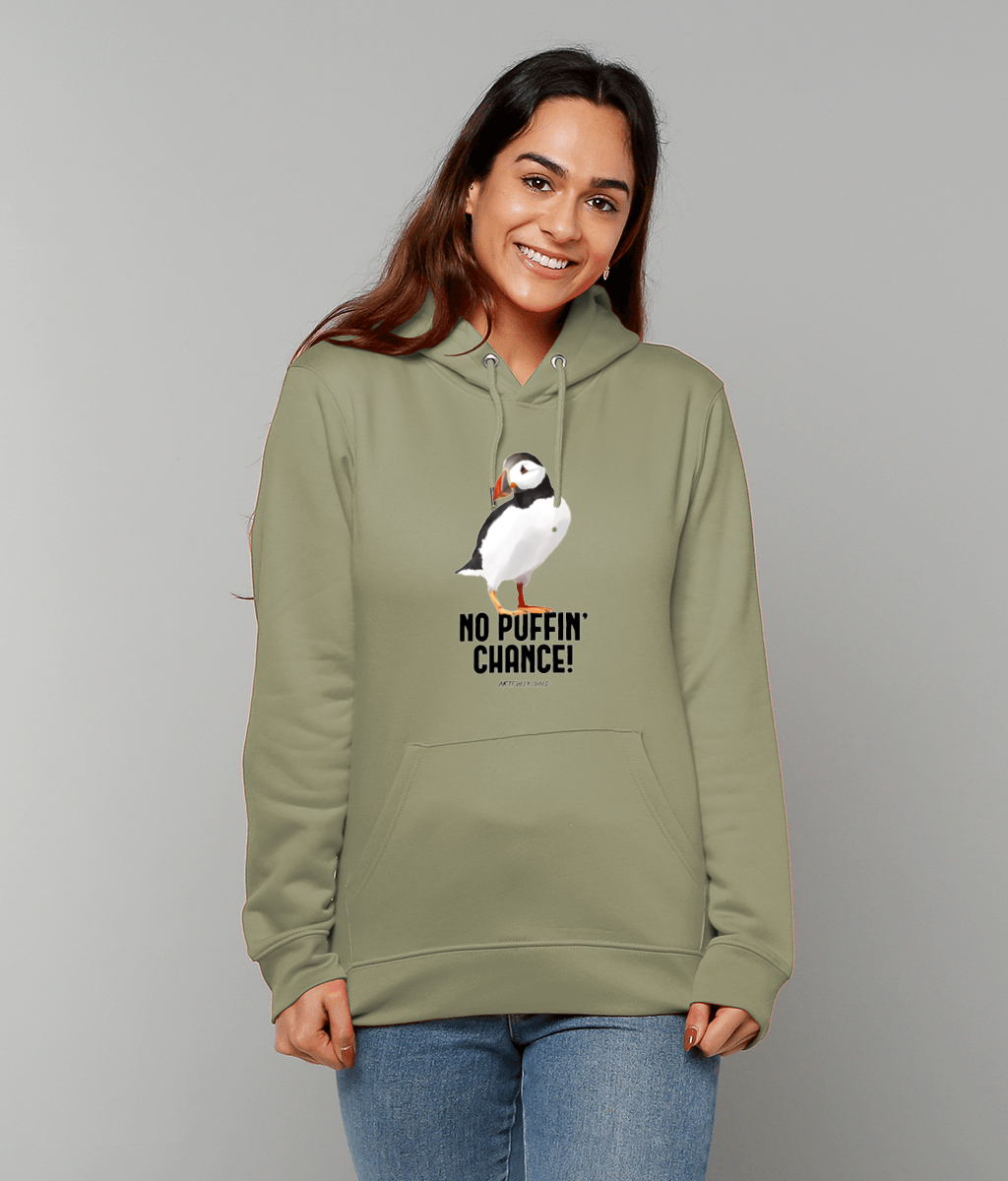 Female model wearing ‘NO PUFFIN CHANCE’ Classic Sage Green Unisex Hoodie Made from Organic Cotton. Printed UK with water-based Inks. Eco-friendly Clothing. 