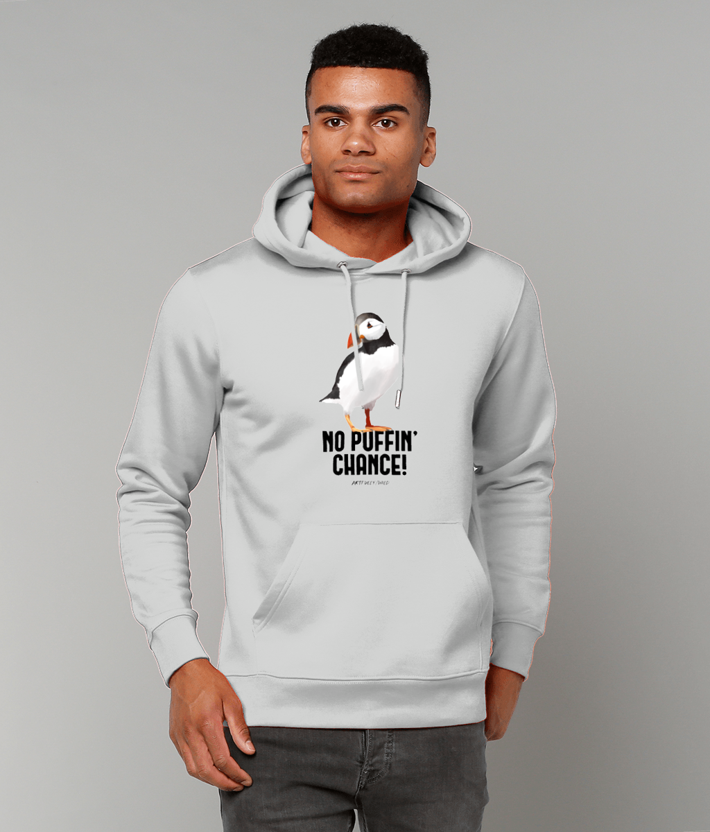 Male model wearing ‘NO PUFFIN CHANCE’ Classic Grey Marl Unisex Hoodie Made from Organic Cotton. Printed UK with water-based Inks. Eco-friendly Clothing. 