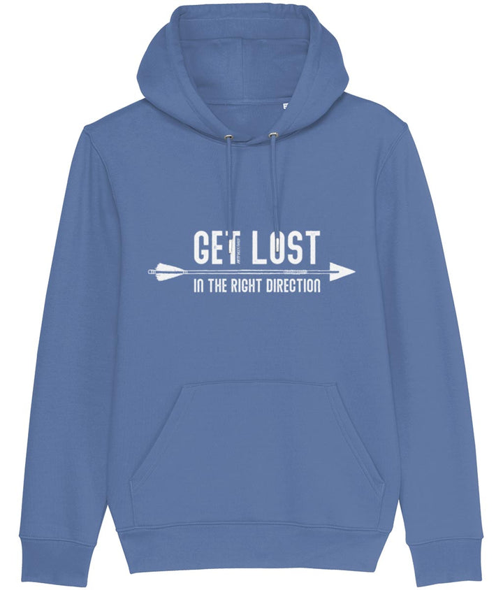 'GET LOST IN THE RIGHT DIRECTION' Bright Blue Classic Hoodie. Unisex/Men/Women. Certified GOTS Organic Cotton. White Print with water-based Inks. Sustainable Eco-friendly Clothing by Artfully/Wild.