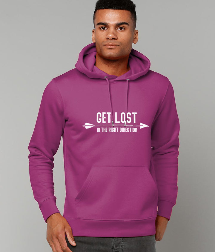 Male model wearing 'GET LOST IN THE RIGHT DIRECTION' Orchid Purple Classic Hoodie. Unisex/Men/Women. Certified GOTS Organic Cotton. White Print with water-based Inks. Sustainable Eco-friendly Clothing by Artfully/Wild.