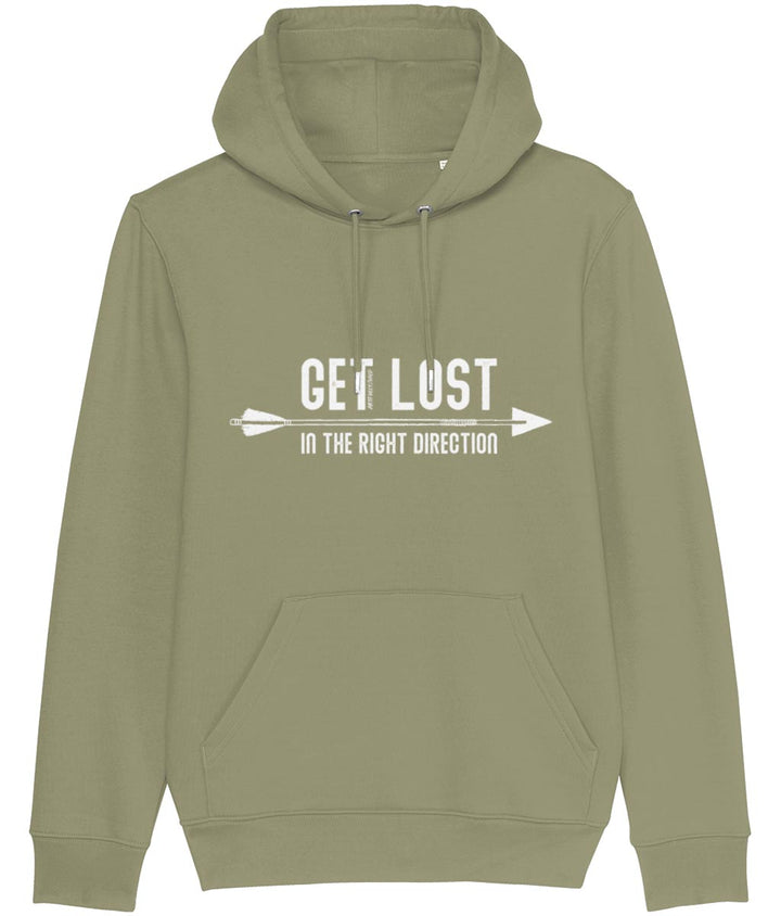 'GET LOST IN THE RIGHT DIRECTION' Sage Green Classic Hoodie. Unisex/Men/Women. Certified GOTS Organic Cotton. White Slogan Print with water-based Inks. Sustainable Eco-friendly Clothing by Artfully/Wild.