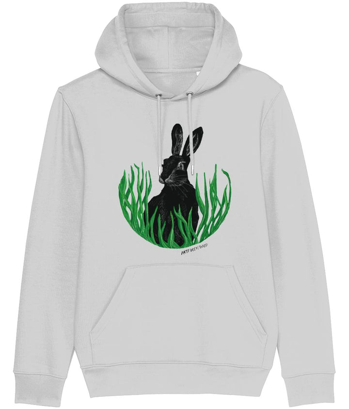 ‘HARE IN THE GRASS’ Classic Grey Marl Hoodie. Unisex/Men/Women. Certified GOTS Organic Cotton. Printed UK with water-based Inks. Sustainable Eco-friendly Clothing Original Illustration by Artfully/Wild.