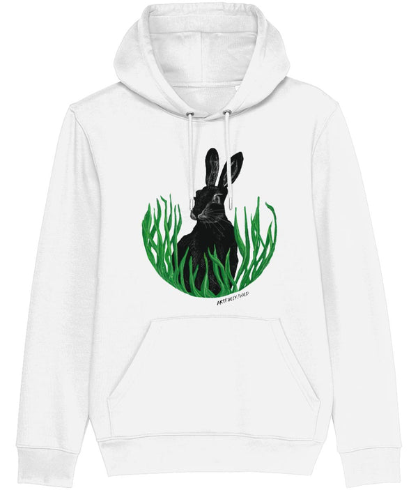 ‘HARE IN THE GRASS’ Classic White Hoodie. Unisex/Men/Women. Certified GOTS Organic Cotton. Print with water-based Inks. Sustainable Eco-friendly Clothing Original Illustration by Artfully/Wild.