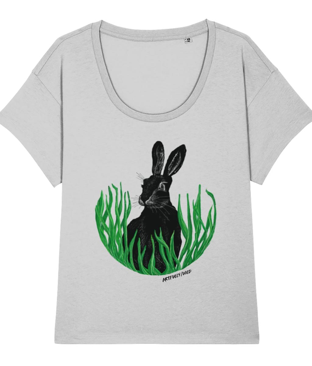 ‘HARE IN THE GRASS’ Print on Women’s Grey Marl Scoop Neck Chiller T-Shirt. Original Illustration by Artfully/Wild. Printed with water-based inks in the UK for wildlife lovers.
