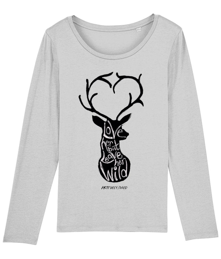 'LOVE HER BUT LEAVE HER WILD' Women’s Grey Marl Long-Sleeved T-Shirt made with Sustainable Organic Cotton. Original Illustration by Artfully/Wild. Printed in UK for wildlife lovers.