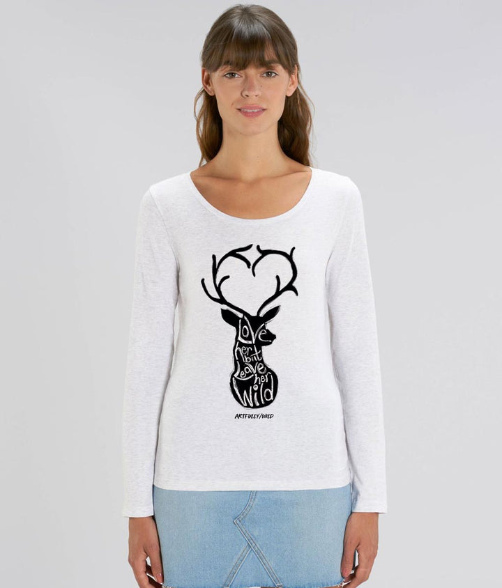 Female model wearing 'LOVE HER BUT LEAVE HER WILD' Women’s White Long-Sleeved T-Shirt made with Sustainable Organic Cotton. Original Illustration by Artfully/Wild. Printed in UK for wildlife lovers.