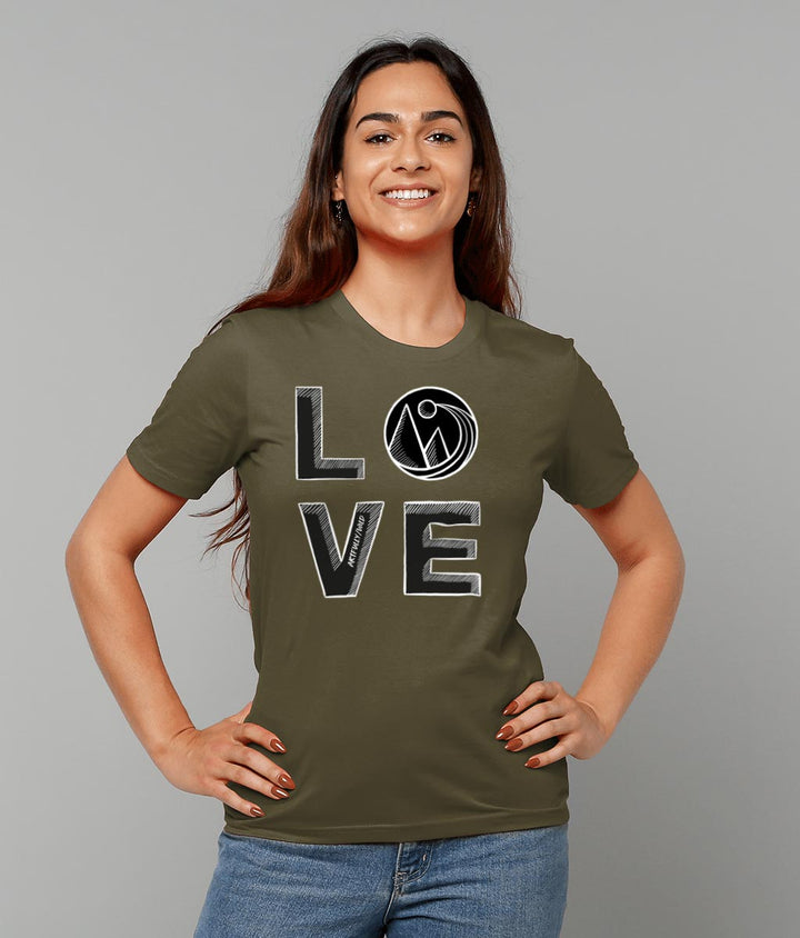 Woman wearing 'LOVE' Print on British Khaki Sustainable T-Shirt. Unisex/Women/Men. Certified Organic Clothing. Original Sketched Illustration by Artfully/Wild.