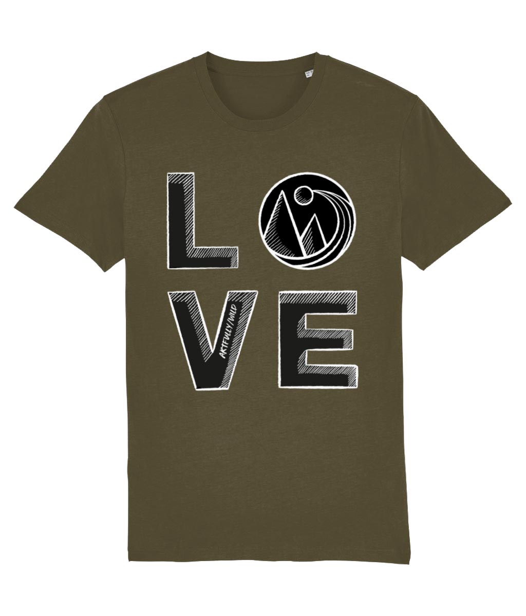'LOVE' Print on British Khaki Sustainable T-Shirt. Unisex/Women/Men. Certified Organic Clothing. Original Sketched Illustration by Artfully/Wild.
