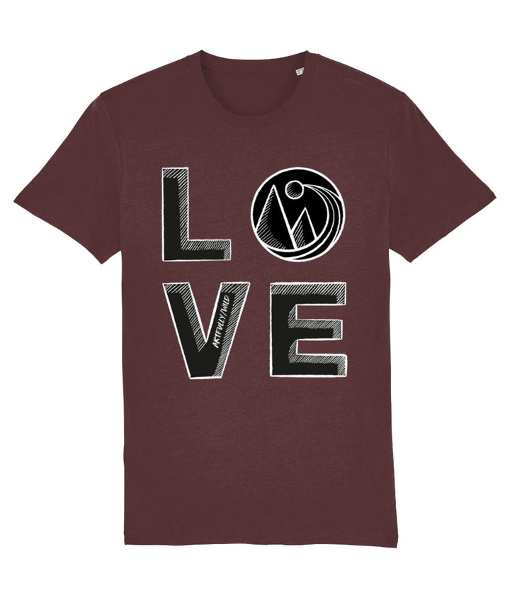 'LOVE' Print on Burgundy Organic T-Shirt. Unisex/Women/Men. Sustainable Clothing. Original Sketched Illustration by Artfully/Wild. Printed with water-based inks.