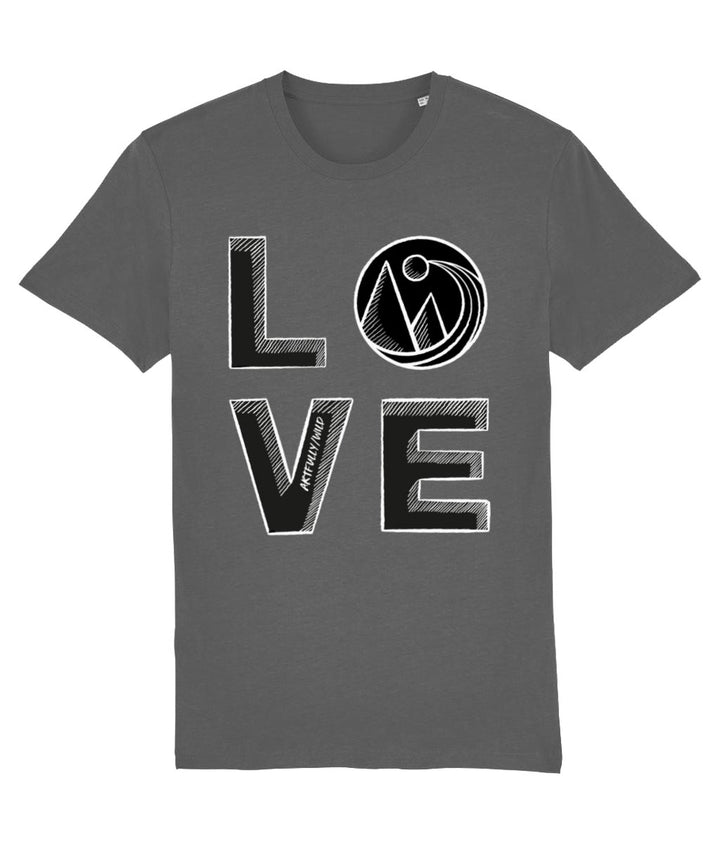 'LOVE' Print on Dark Grey Eco-friendly T-Shirt. Unisex/Women/Men. Certified Organic Clothing. Original Sketched Illustration by Artfully/Wild. Printed in the UK.