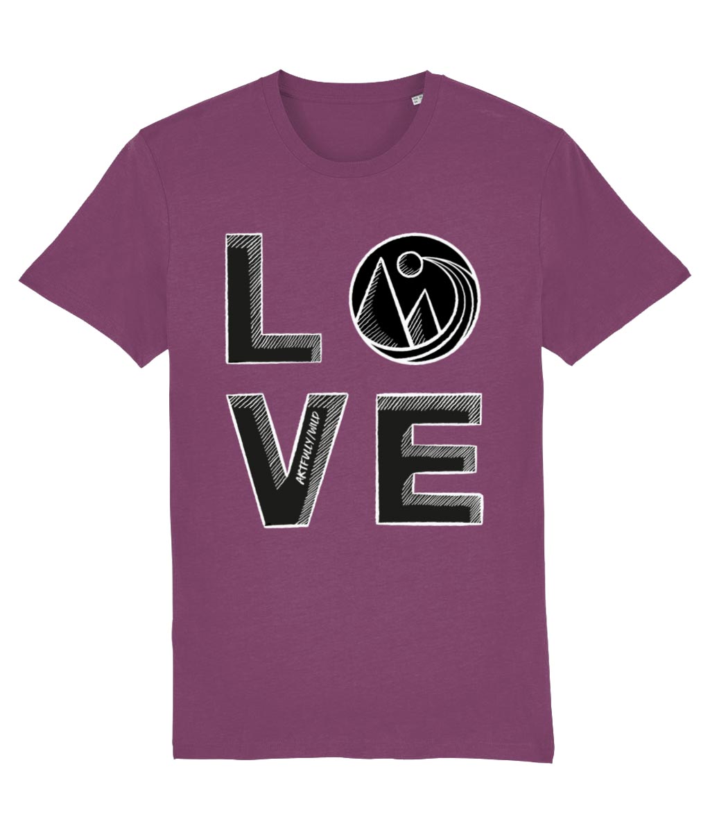 'LOVE' Print on Mauve Organic T-Shirt. Unisex/Women/Men. Sustainable Clothing. Original Sketched Illustration by Artfully/Wild. Printed with water-based inks.