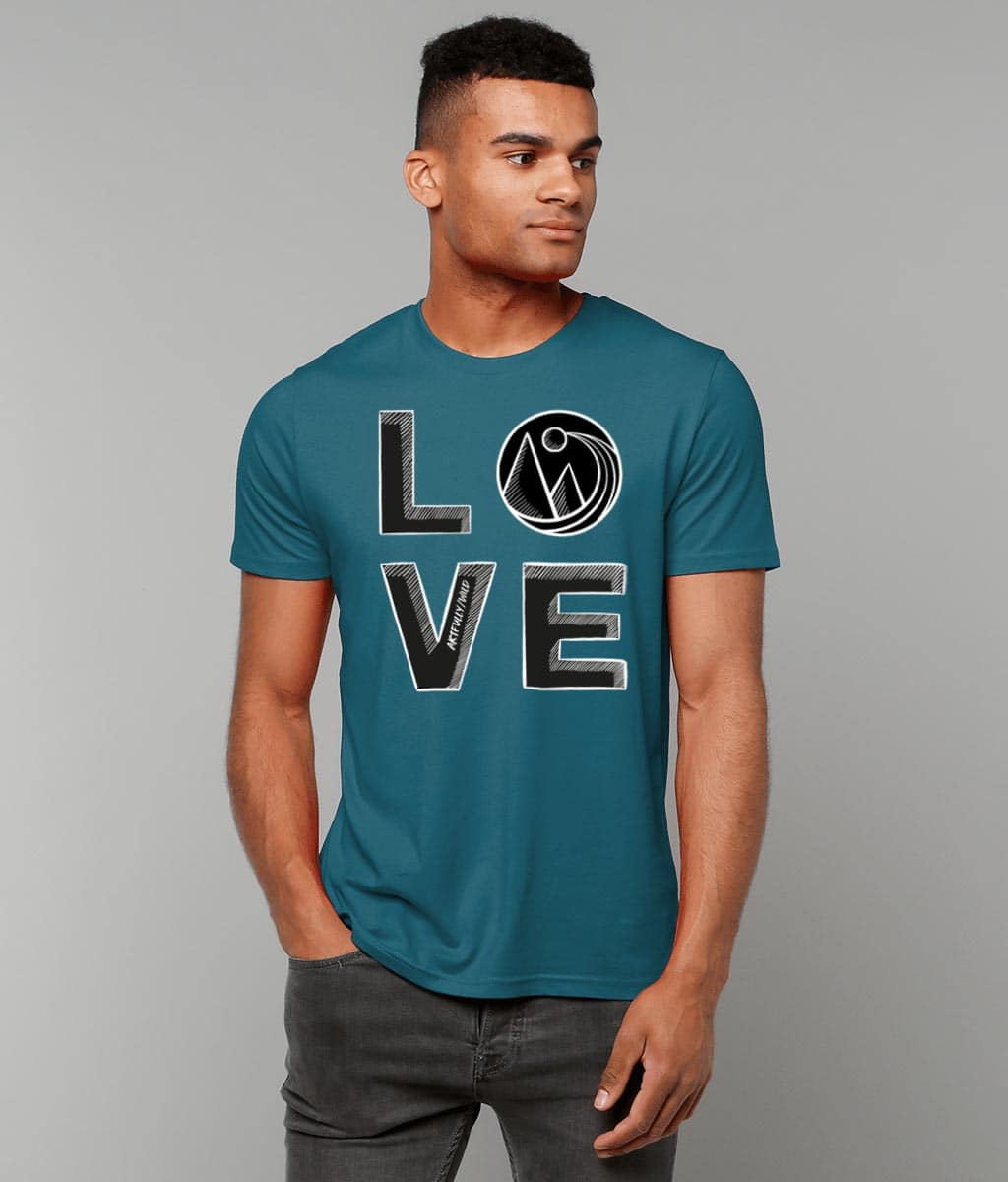 Man wearing 'LOVE' Print on Ocean Blue Organic T-Shirt. Unisex/Women/Men. Sustainable Clothing. Original Sketched Illustration by Artfully/Wild. Printed with water-based inks.