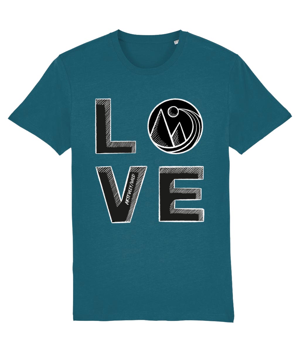 'LOVE' Print on Ocean Blue Organic T-Shirt. Unisex/Women/Men. Sustainable Clothing. Original Sketched Illustration by Artfully/Wild. Printed with water-based inks.