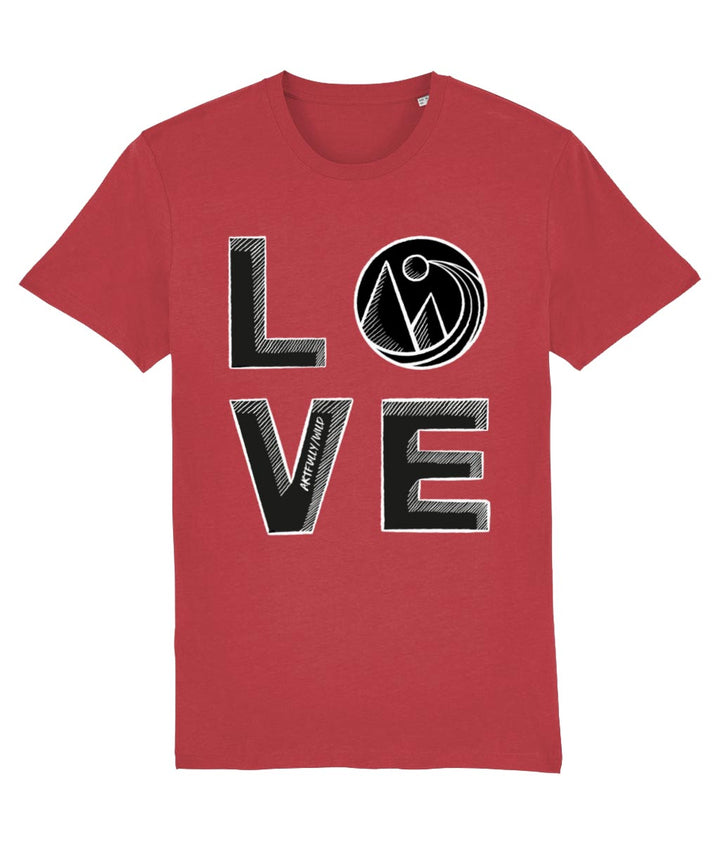 'LOVE' Print on Red Eco-friendly T-Shirt. Unisex/Women/Men. Certified Organic Clothing. Original Sketched Illustration by Artfully/Wild. Printed in the UK.